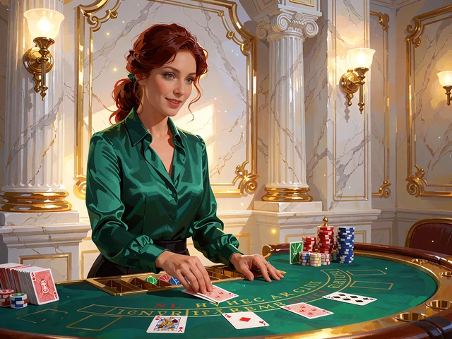 Kvindelig dealer i smaragdgr&oslash;n bluse giver kort ved et blackjackbord i et marmorstudie