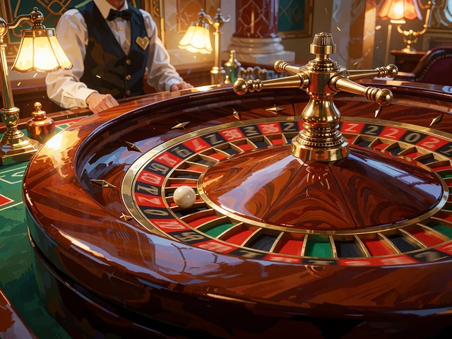 Live roulette med et mahogni- og messinghjul i bev&aelig;gelse og en hvid kugle i studiet