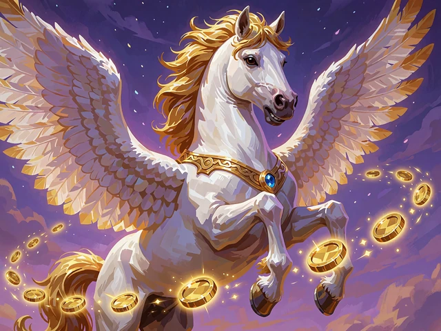 Hold & Win-slot med en hvid bevinget hest med gyldne fjerspidser og guldm&oslash;nter i en lilla aftenhimmel