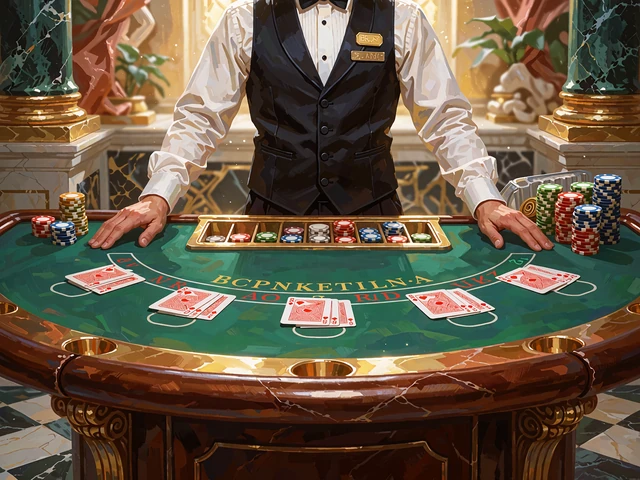 Live blackjack med mandlig dealer i hvid skjorte og sort vest ved et gr&oslash;nt filtbord