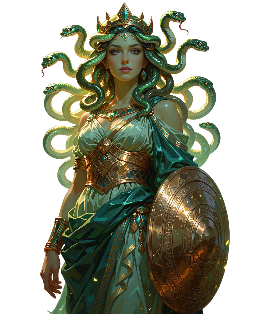 Medusa med slanger som h&aring;r, i teal og guld med bronzeskjold, st&aring;r vagtsomt og vogter skatten i Mino Casinos univers