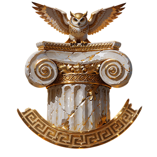 Hvid marmors&oslash;jle med guldvolutter og en lille guldugle i en meanderring - emblem for rang Ancient