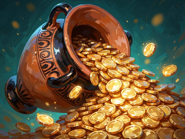 Hold & Win-slot med en gr&aelig;sk amfora, der h&aelig;lder en str&oslash;m af guldm&oslash;nter ud p&aring; petrolbl&aring; baggrund