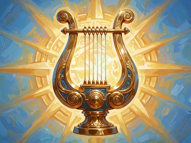 Bonus buy-slot med en gylden lyre foran en str&aring;leglorie af gule solstr&aring;ler p&aring; bl&aring; himmel