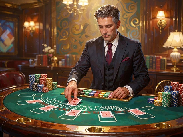 Live blackjack med mandlig dealer i kulgr&aring; jakkes&aelig;t og bordeauxfarvet slips ved et gr&oslash;nt filtbord