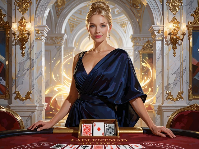 Live baccarat med kvindelig dealer i marinebl&aring; satinkjole bag et m&oslash;rker&oslash;dt baccaratbord