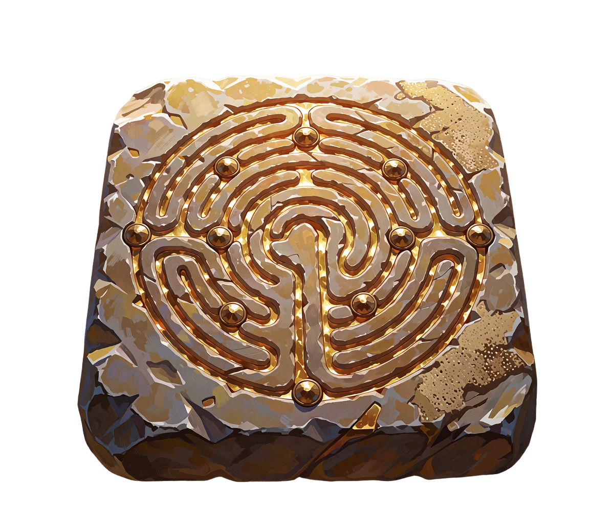 Gammel stentavle med en gyldent gl&oslash;dende labyrint og syv bronzenitter til Labyrinth Map-kalenderen